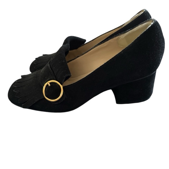 Marc Fisher Mabel Fringe Block 1.5 Heel Loafers 6.5M Gold Buckle Suede Leather - Picture 2 of 8